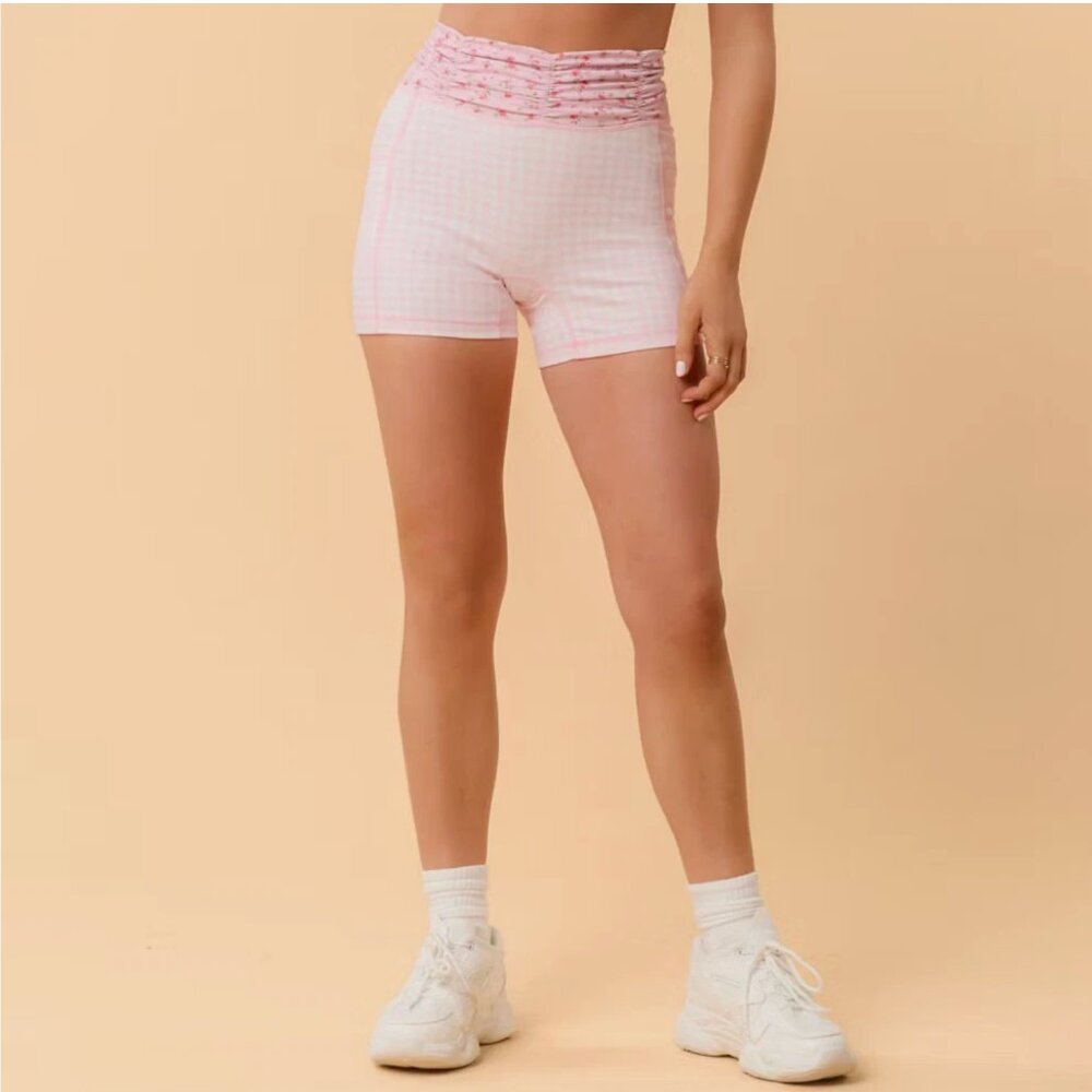 NWT Blogilates Ruched Waist Bike Shorts Pink Gingham